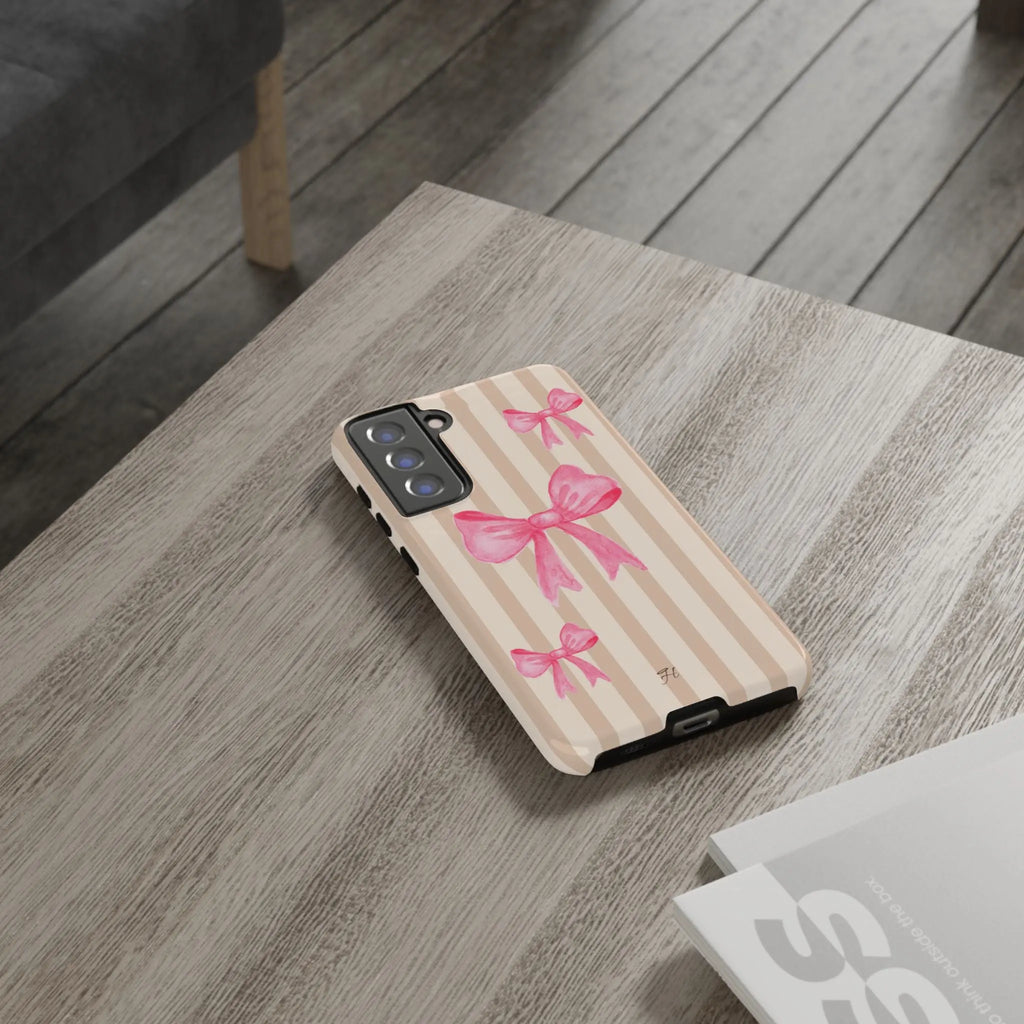 Pink Bows Phone Case | Brown Beige Stripes - Halo Collective