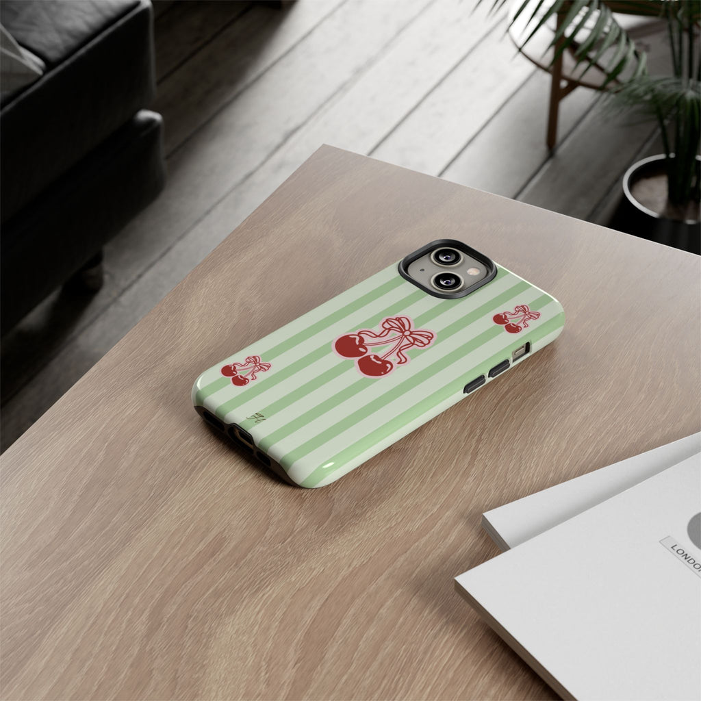 Cherry Bow Phone Case | Green Stripes