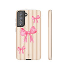 Pink Bows Phone Case | Brown Beige Stripes - Halo Collective