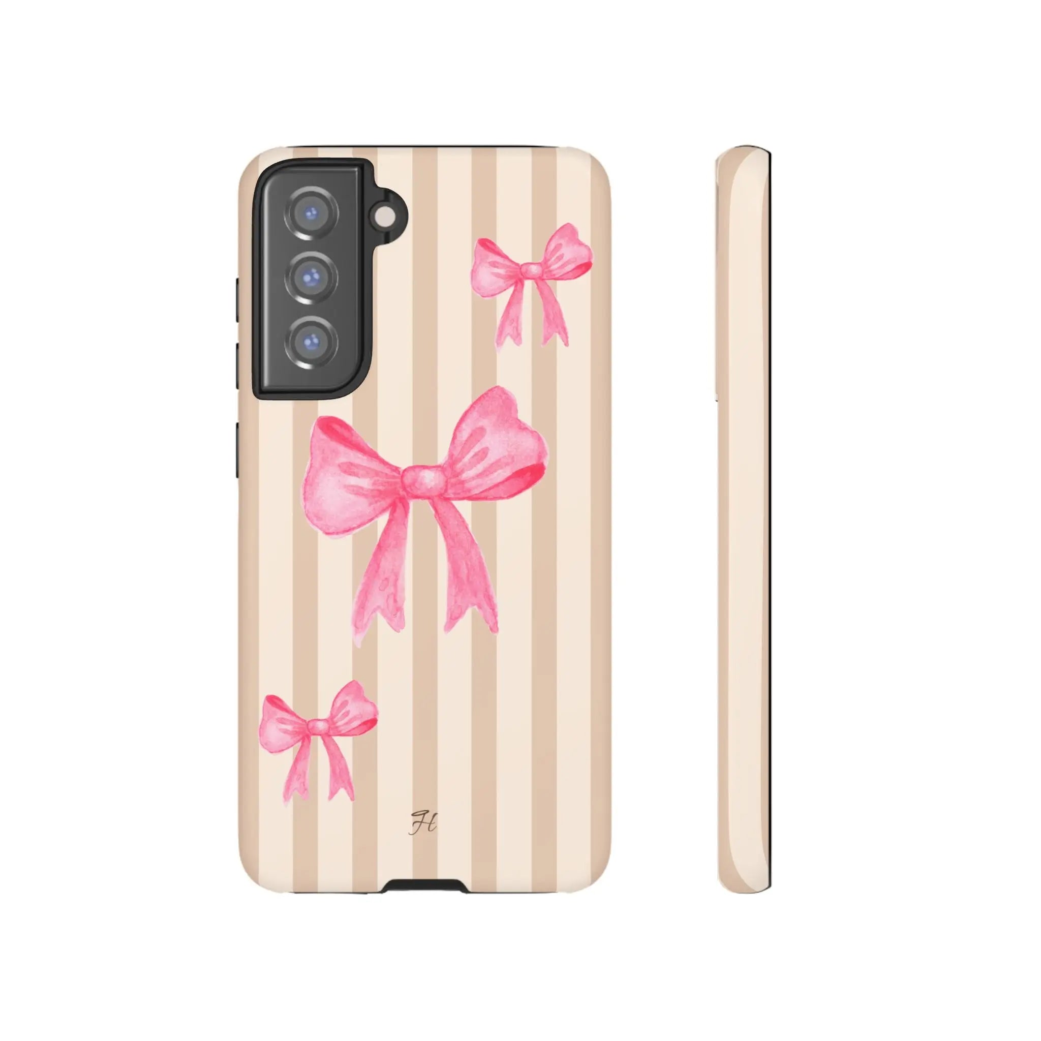Pink Bows Phone Case | Brown Beige Stripes - Halo Collective
