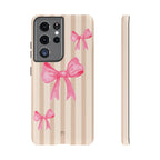 Pink Bows Phone Case | Brown Beige Stripes - Halo Collective