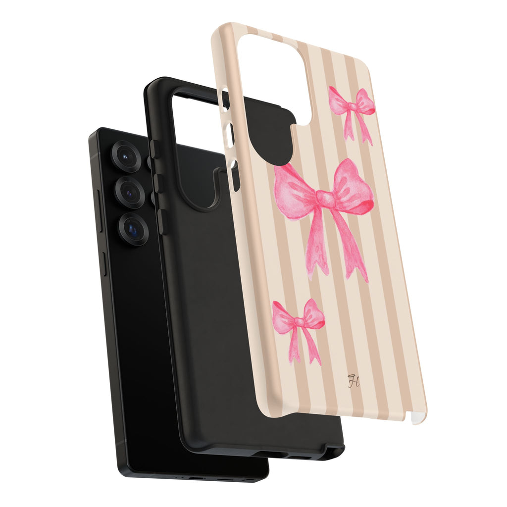 Pink Bows Phone Case | Brown Beige Stripes - Halo Collective