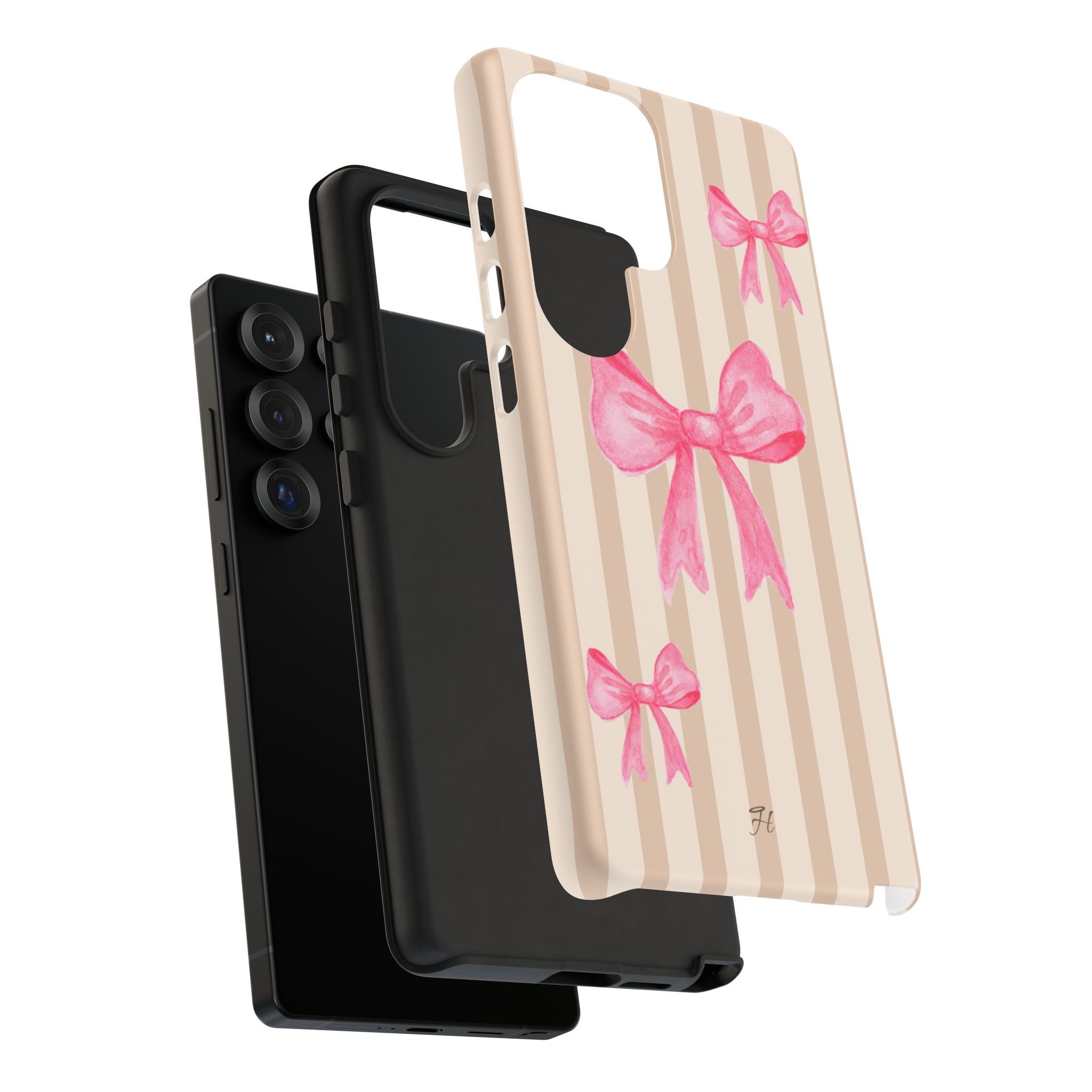 Pink Bows Phone Case | Brown Beige Stripes - Halo Collective