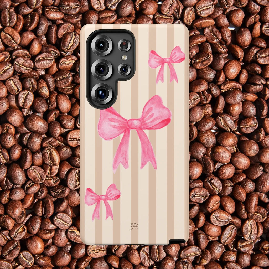 Pink Bows Phone Case | Brown Beige Stripes - Halo Collective
