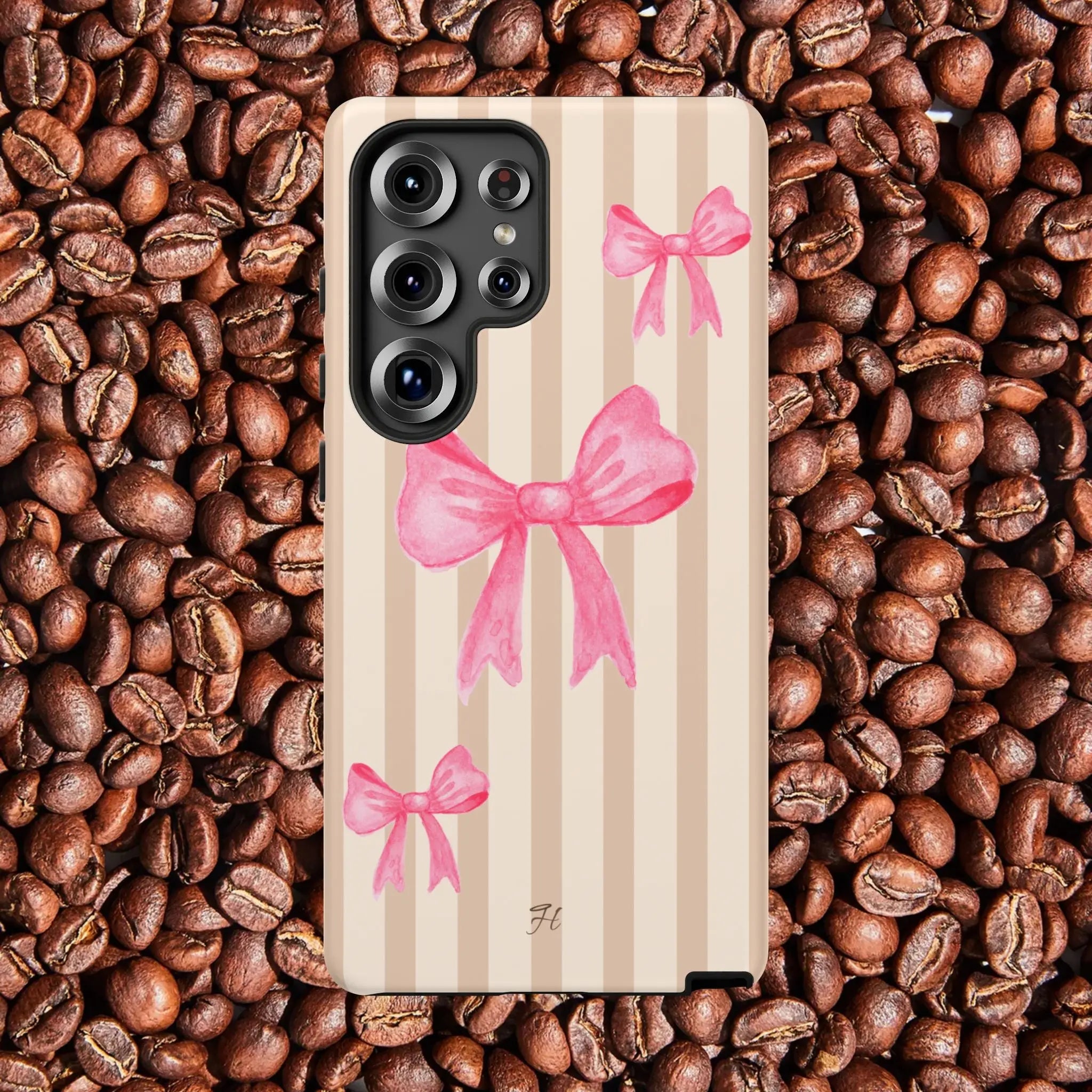 Pink Bows Phone Case | Brown Beige Stripes - Halo Collective