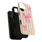 Pink Bows Phone Case | Brown Beige Stripes - Halo Collective