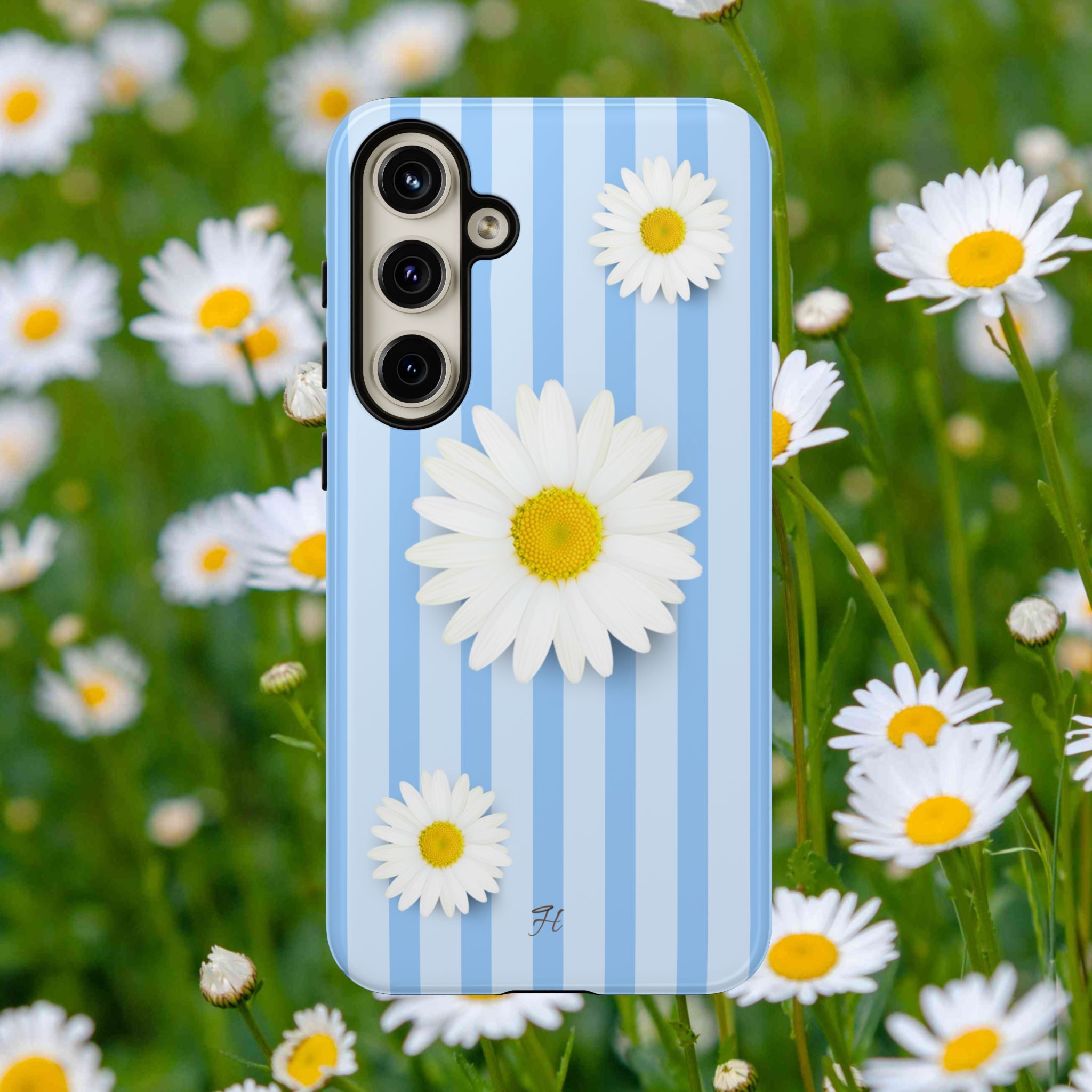 Daisy Stripe Tough Phone Case — Blue Floral Protective Cover - Halo Collective